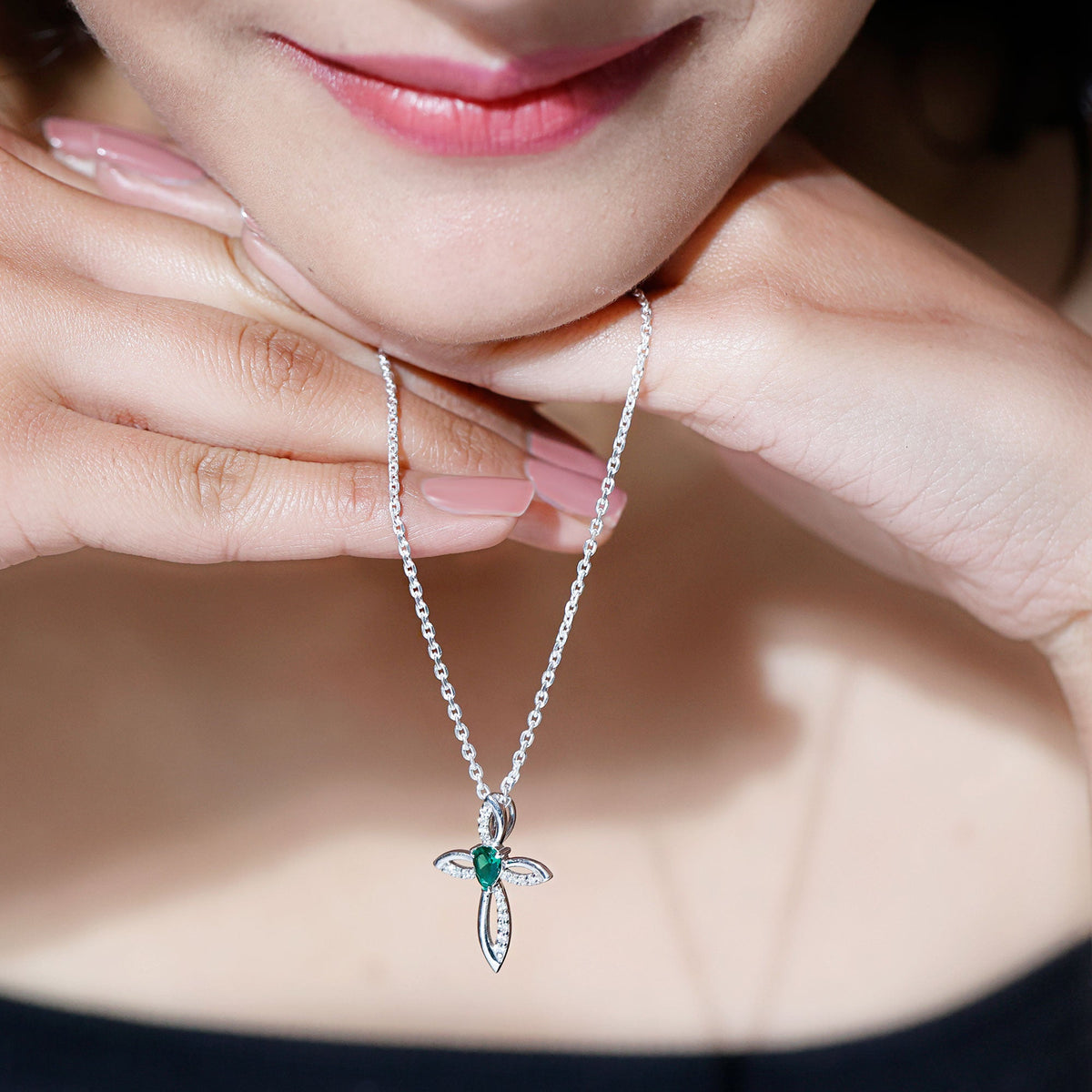 Pear Cut Emerald Cross Pendant With Lab Grown Diamond