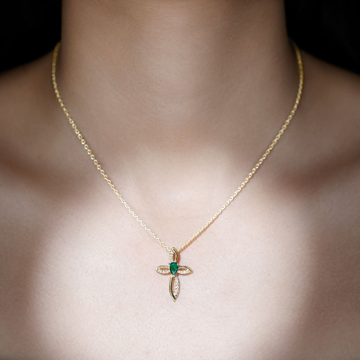 Pear Cut Emerald Cross Pendant With Lab Grown Diamond