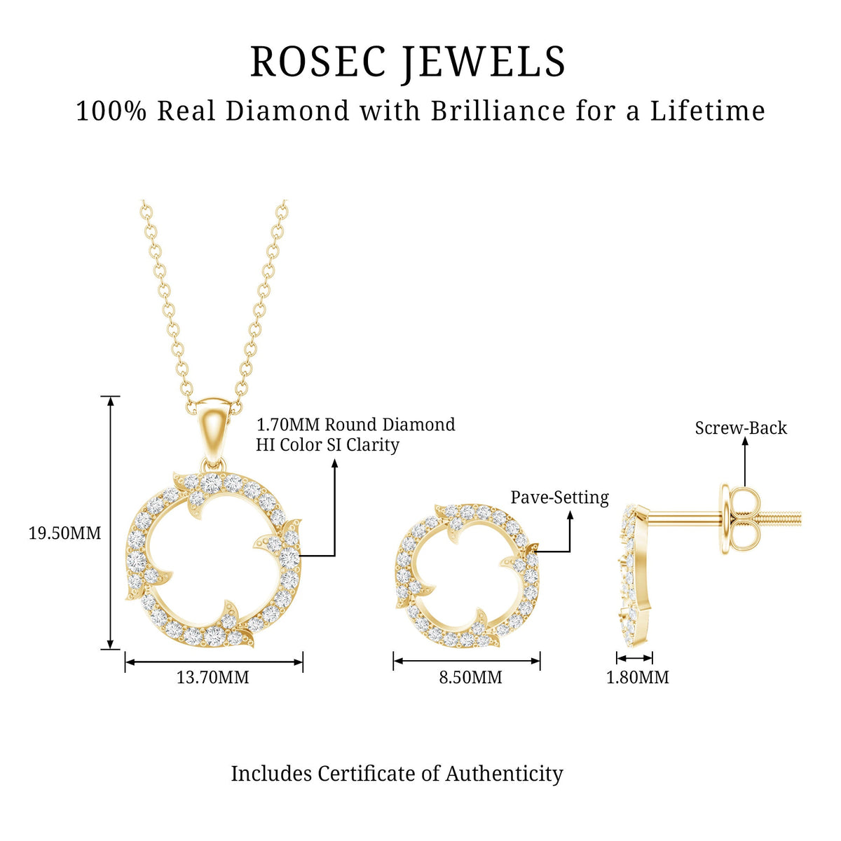 Certified Diamond Circle Necklace Earrings Set