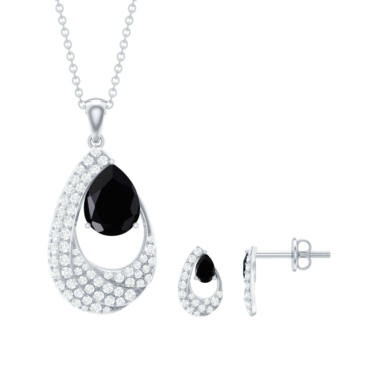 Natural Black Onyx Teardrop Necklace and Earrings Set with Certificate