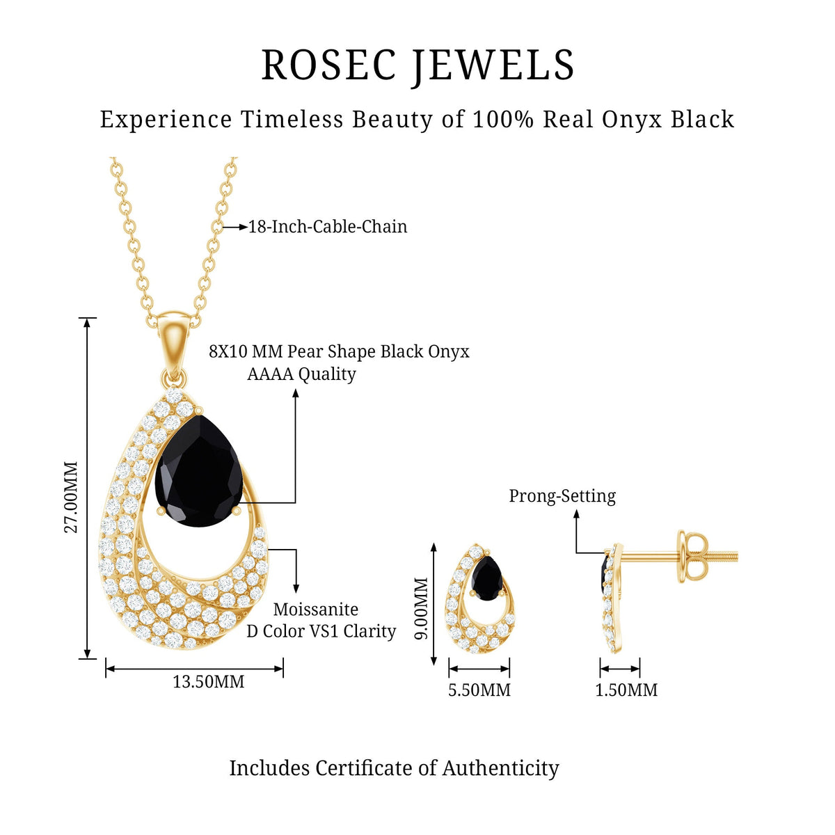 Natural Black Onyx Teardrop Necklace and Earrings Set with Certificate