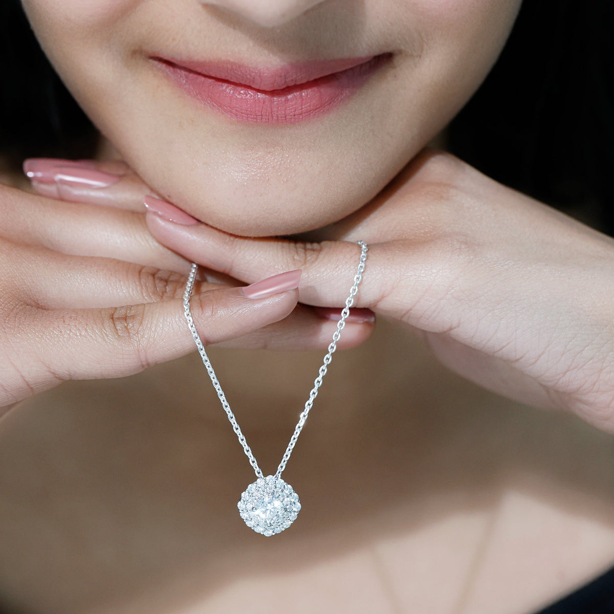 Lab Grown Round Diamond Double Halo Bridal Necklace With Accent