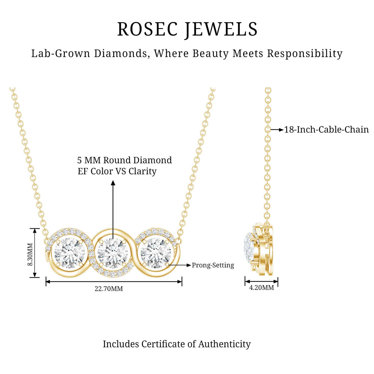 Certified Lab Grown Diamond 3 Stone Necklace For Her
