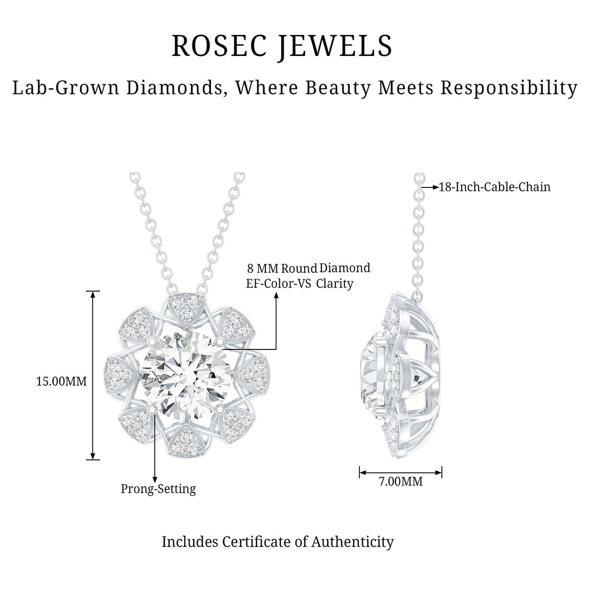 Certified 2 Carat Lab Grown Diamond Designer Solitaire Necklace