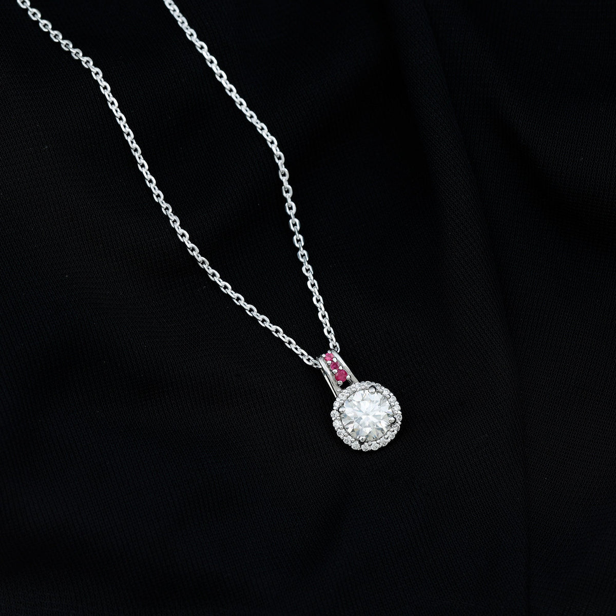 Certified MM Lab Grown Diamond Halo Necklace With Ruby Accent Bail