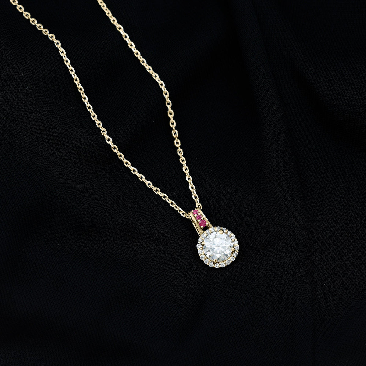 Certified MM Lab Grown Diamond Halo Necklace With Ruby Accent Bail