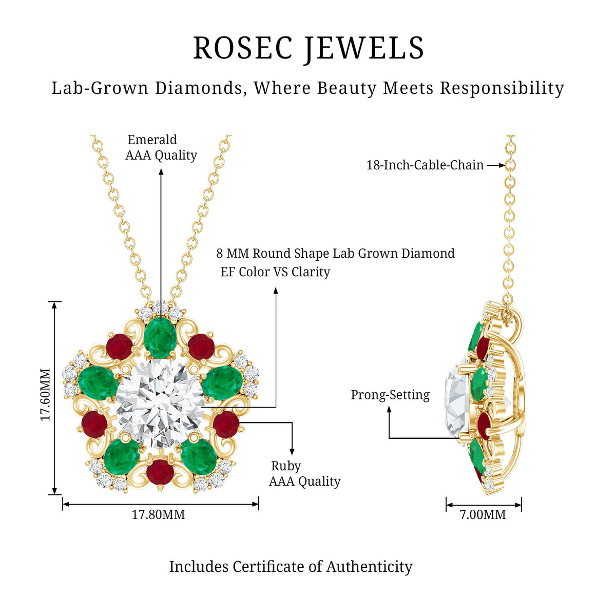 Lab Grown Diamond Cocktail Necklace With Emerald Ruby