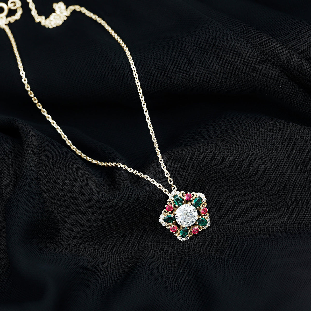 Lab Grown Diamond Cocktail Necklace With Emerald Ruby