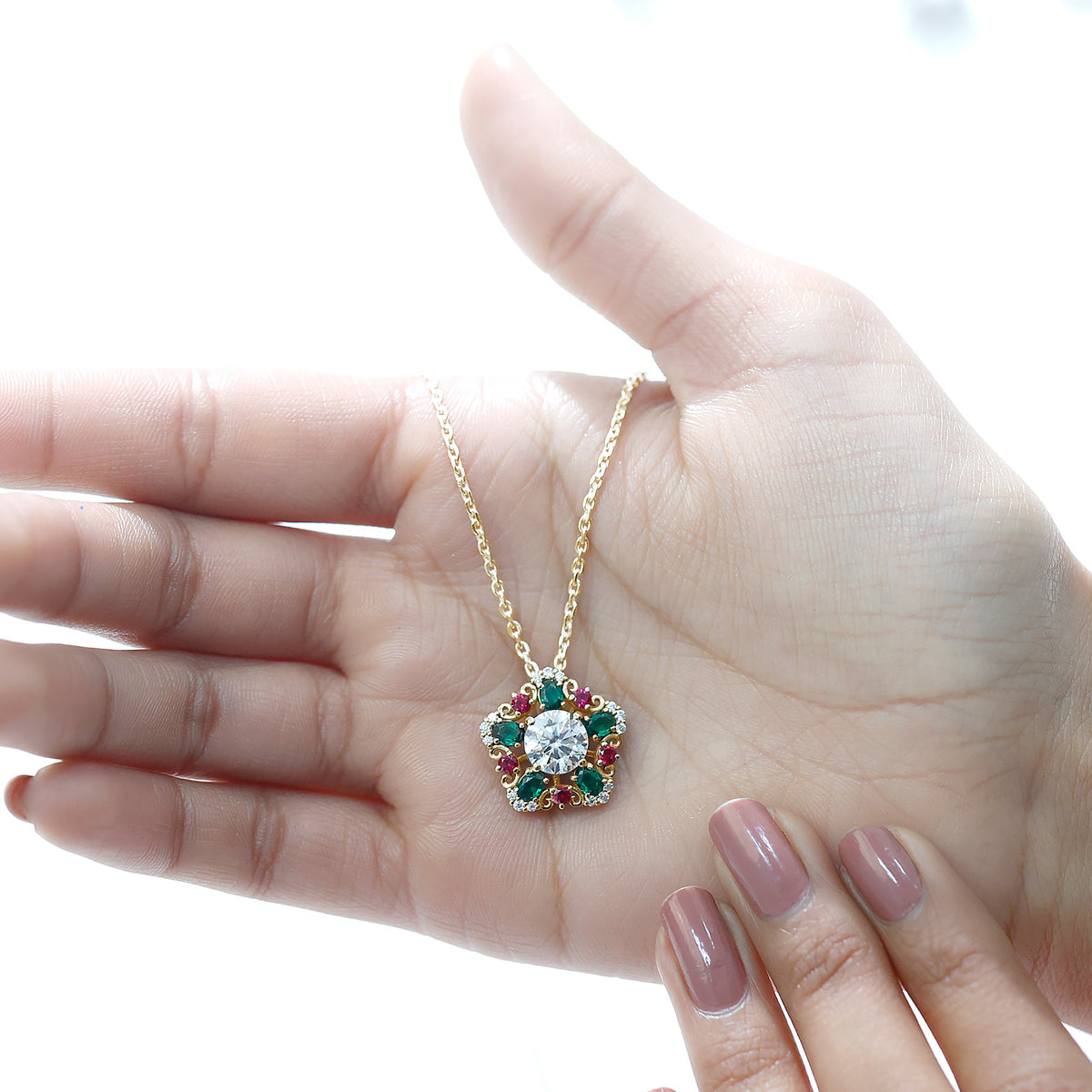 Lab Grown Diamond Cocktail Necklace With Emerald Ruby