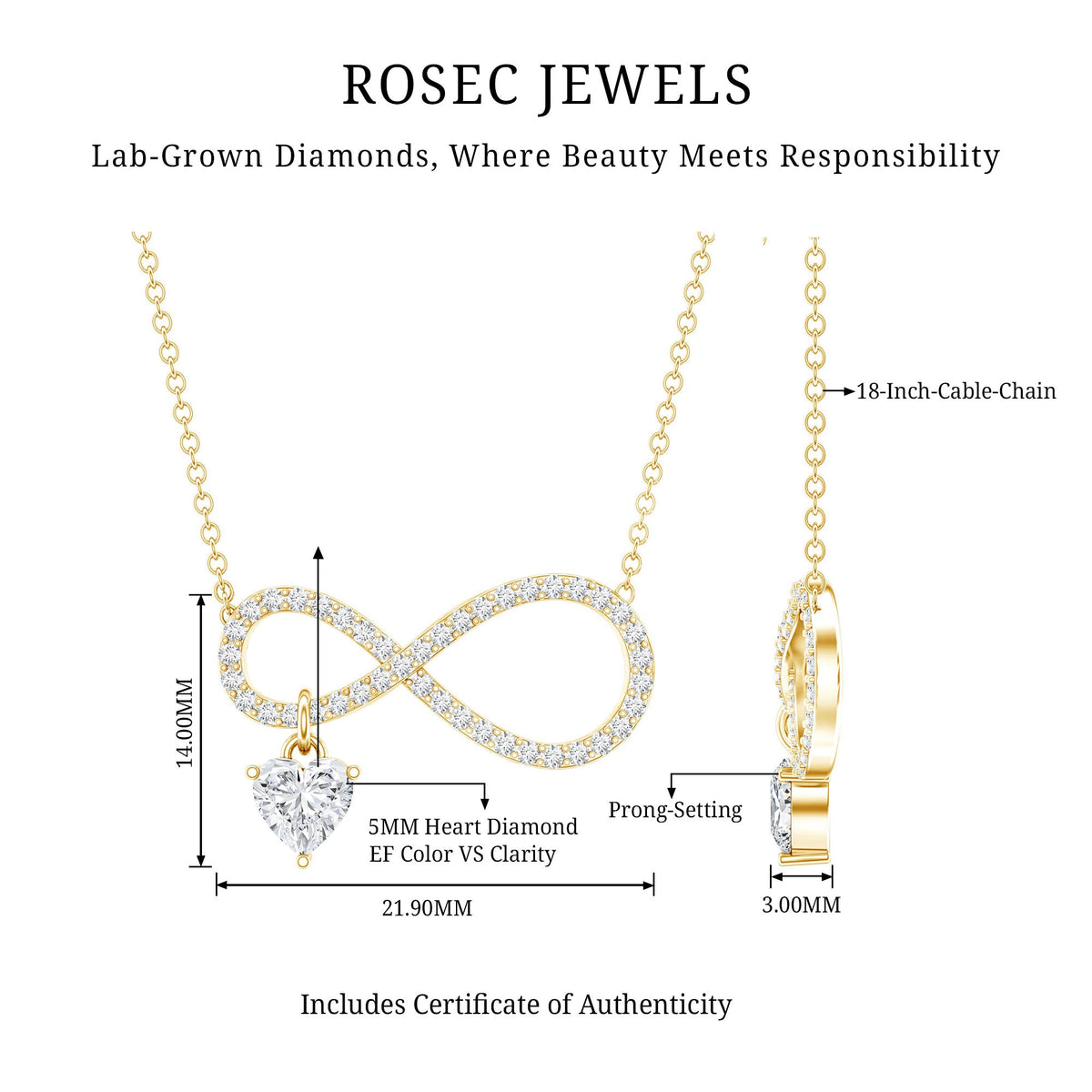 Pave Set Lab Grown Diamond Infinity Heart Charm Necklace
