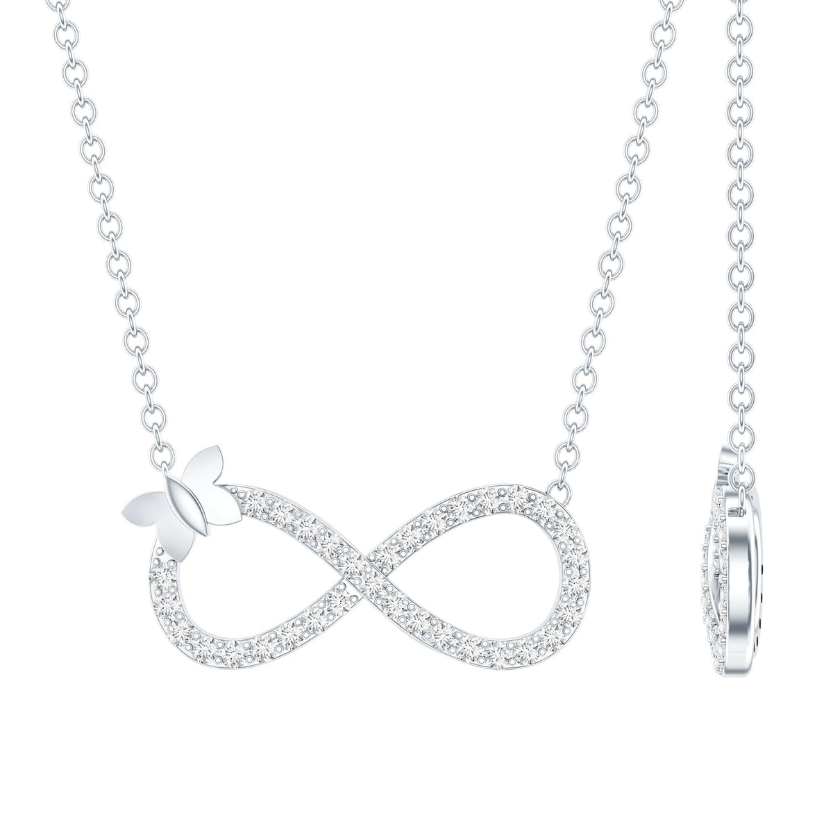 Lab Pave Set Diamond Sideways Infinity Butterfly Necklace