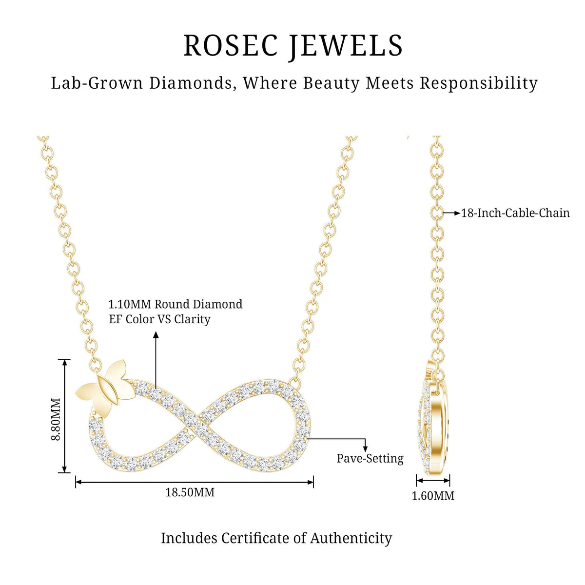 Lab Pave Set Diamond Sideways Infinity Butterfly Necklace