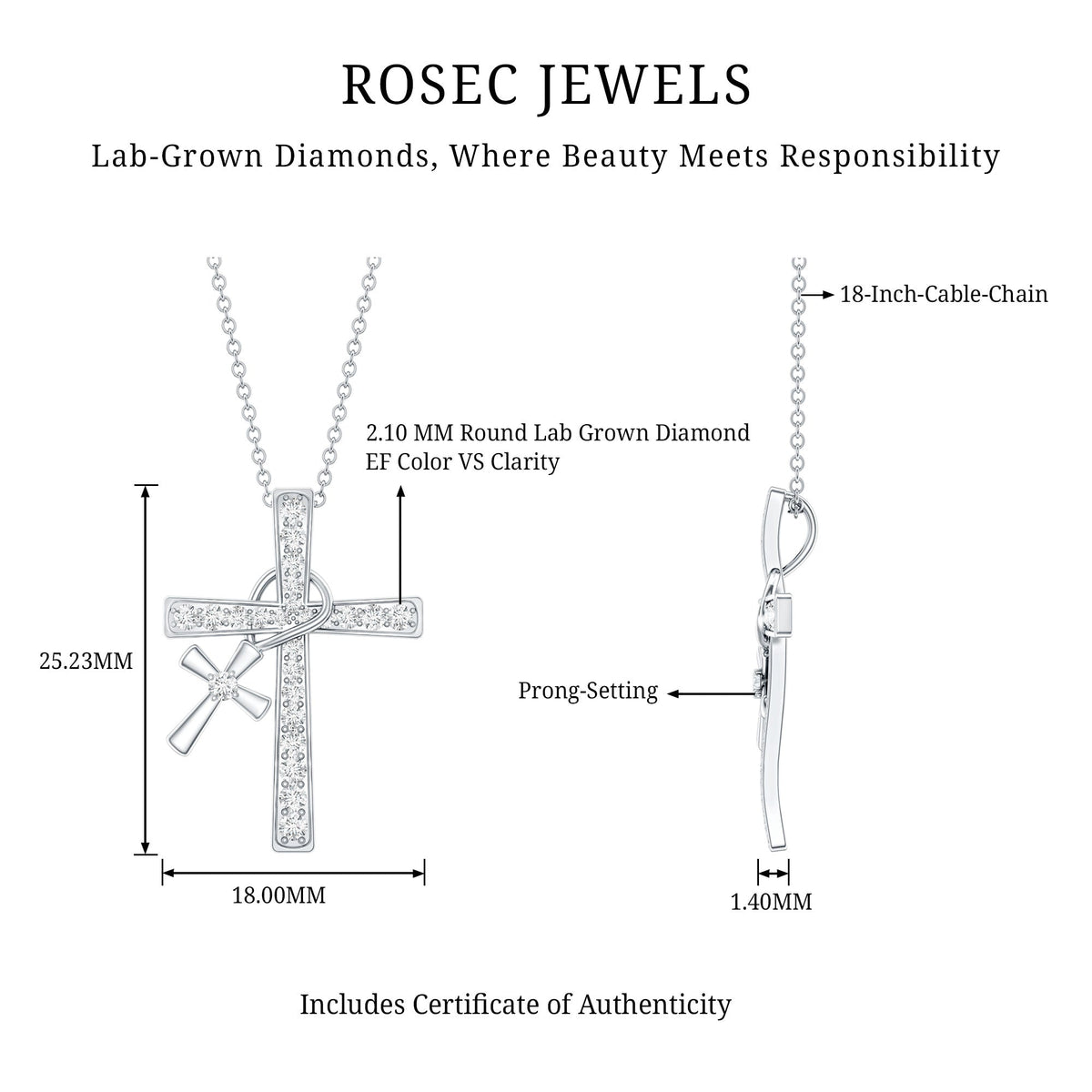 Pave Set Lab Grown Diamond Double Cross Charm Necklace