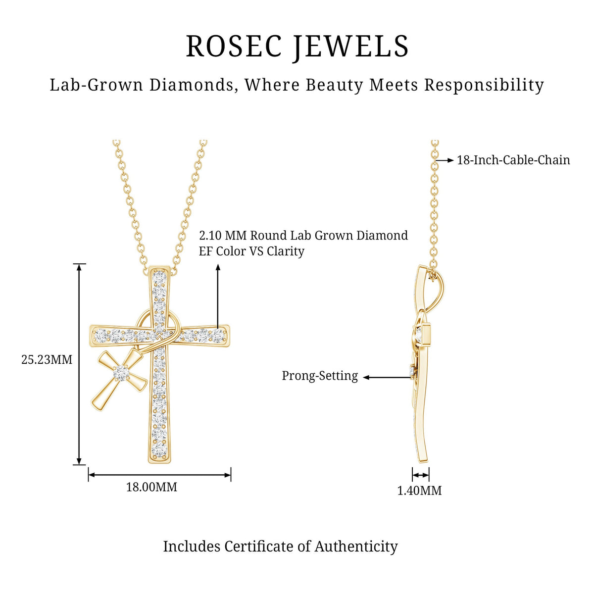Pave Set Lab Grown Diamond Double Cross Charm Necklace