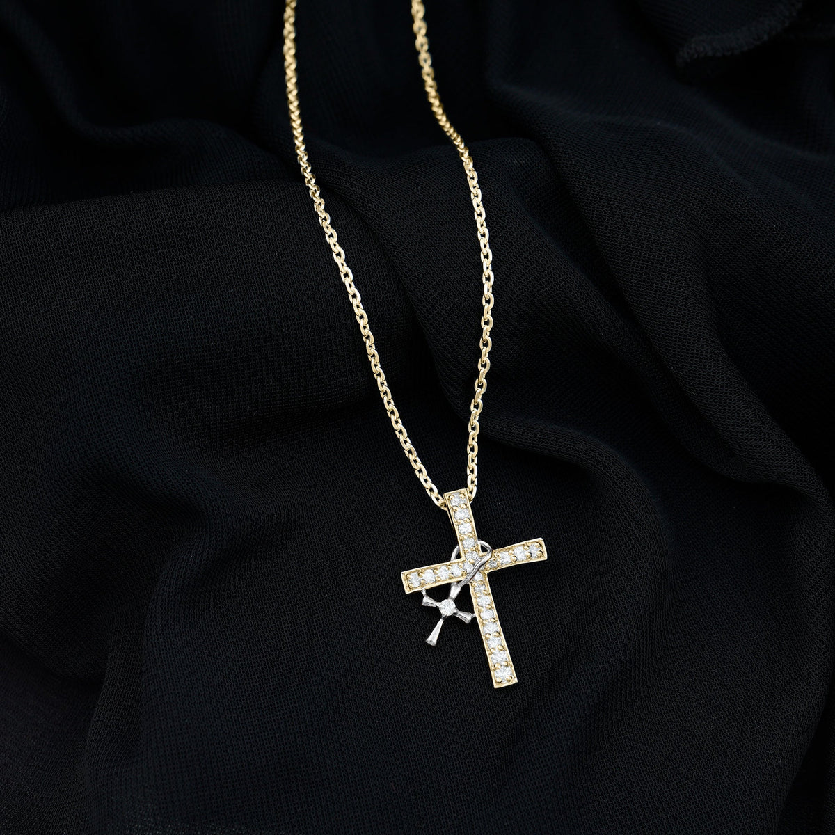 Pave Set Lab Grown Diamond Double Cross Charm Necklace