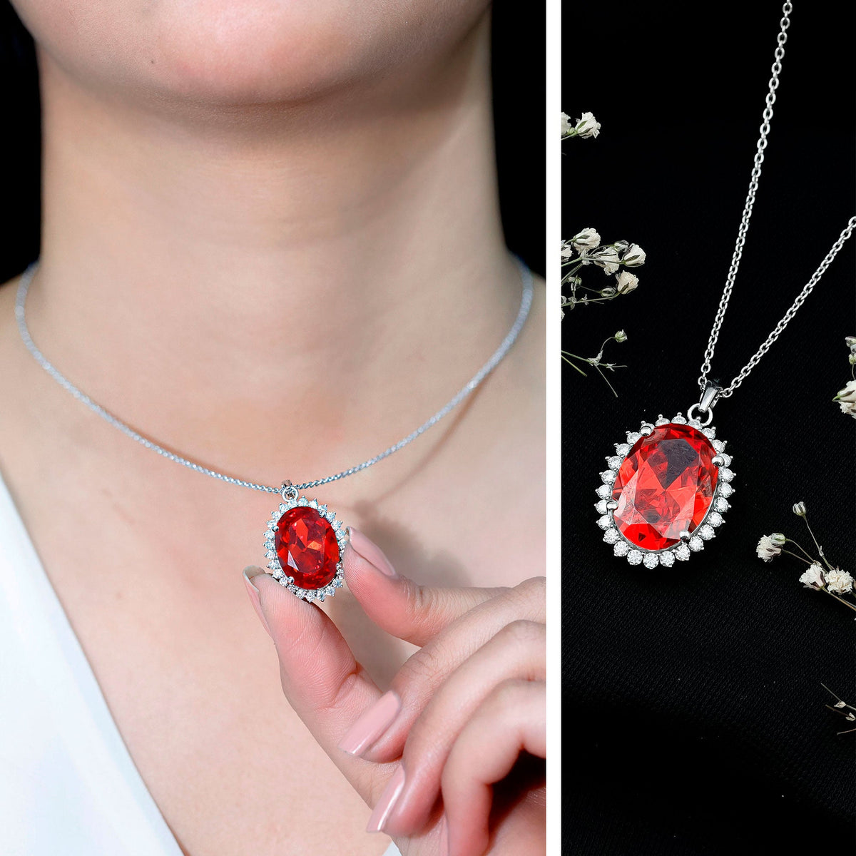 14 Carat Lab Grown Orange Sapphire Statement Necklace With Silver Chain