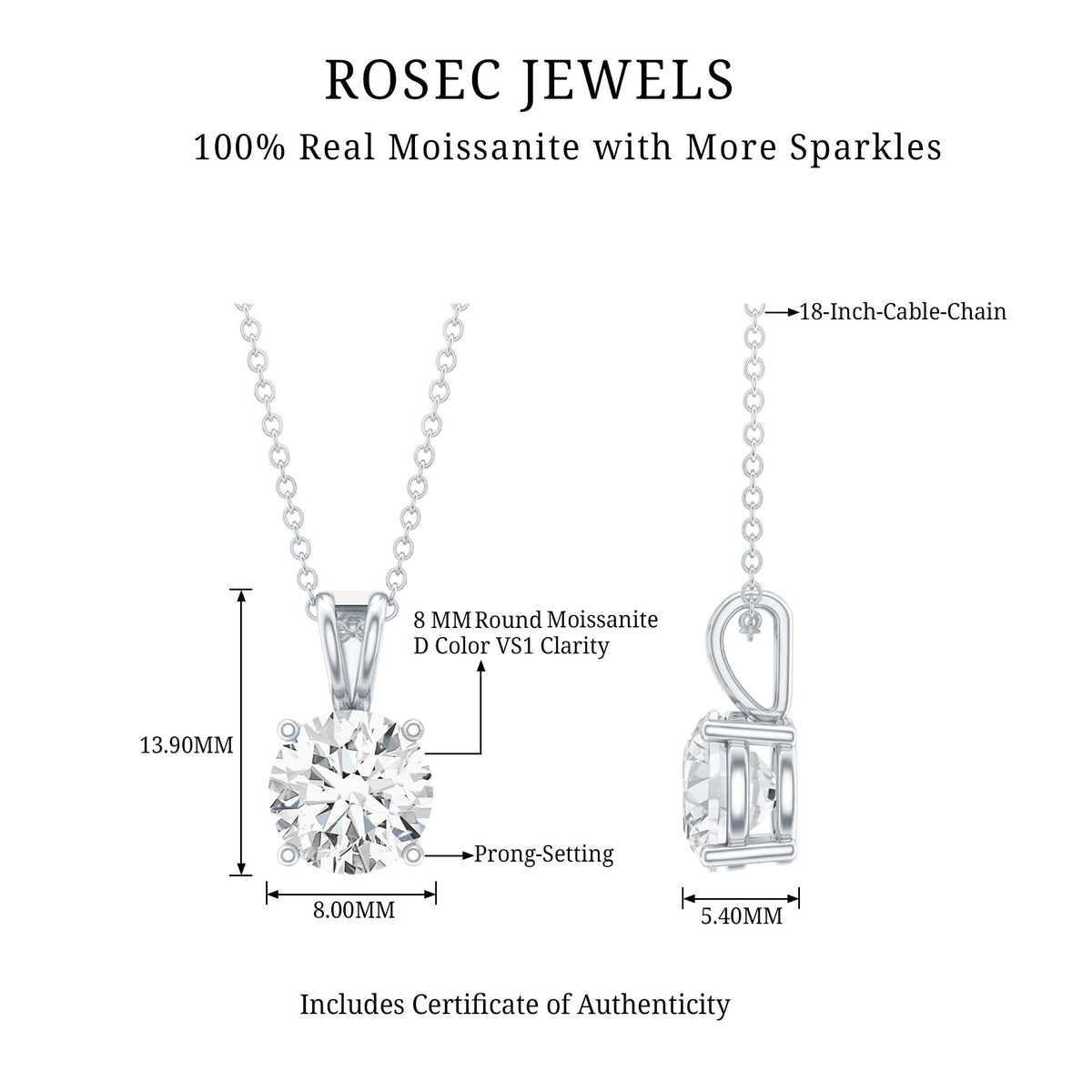 Certified 2 Carat Solitaire Moissanite Pendant Necklace with Silver Chain