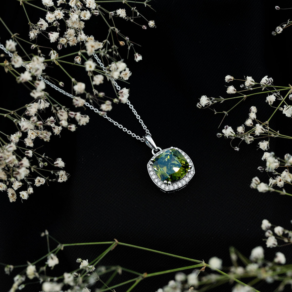9 Carat Cushion Cut Lab Grown Green Sapphire Statement Necklace With Silver Chain