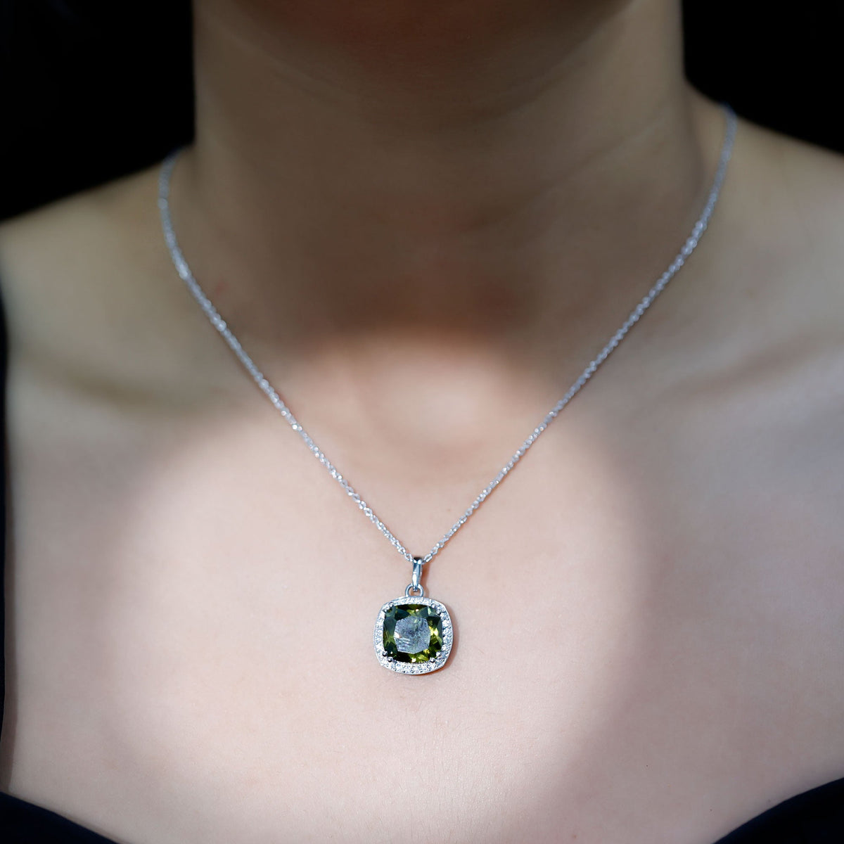 9 Carat Cushion Cut Lab Grown Green Sapphire Statement Necklace With Silver Chain