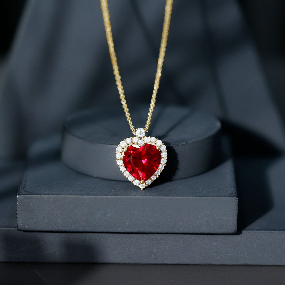 Certified Lab Grown Ruby Heart Necklace with Moissanite Halo