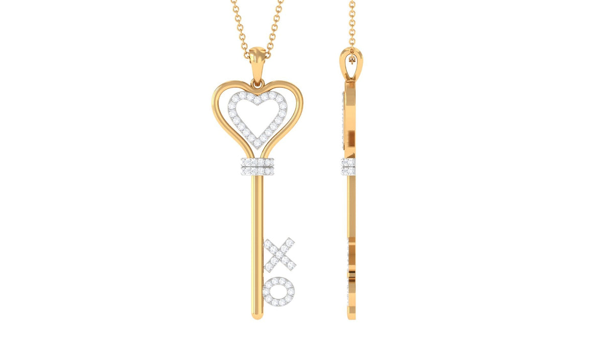 Certified Moissanite Double Heart Key Pendant with XO