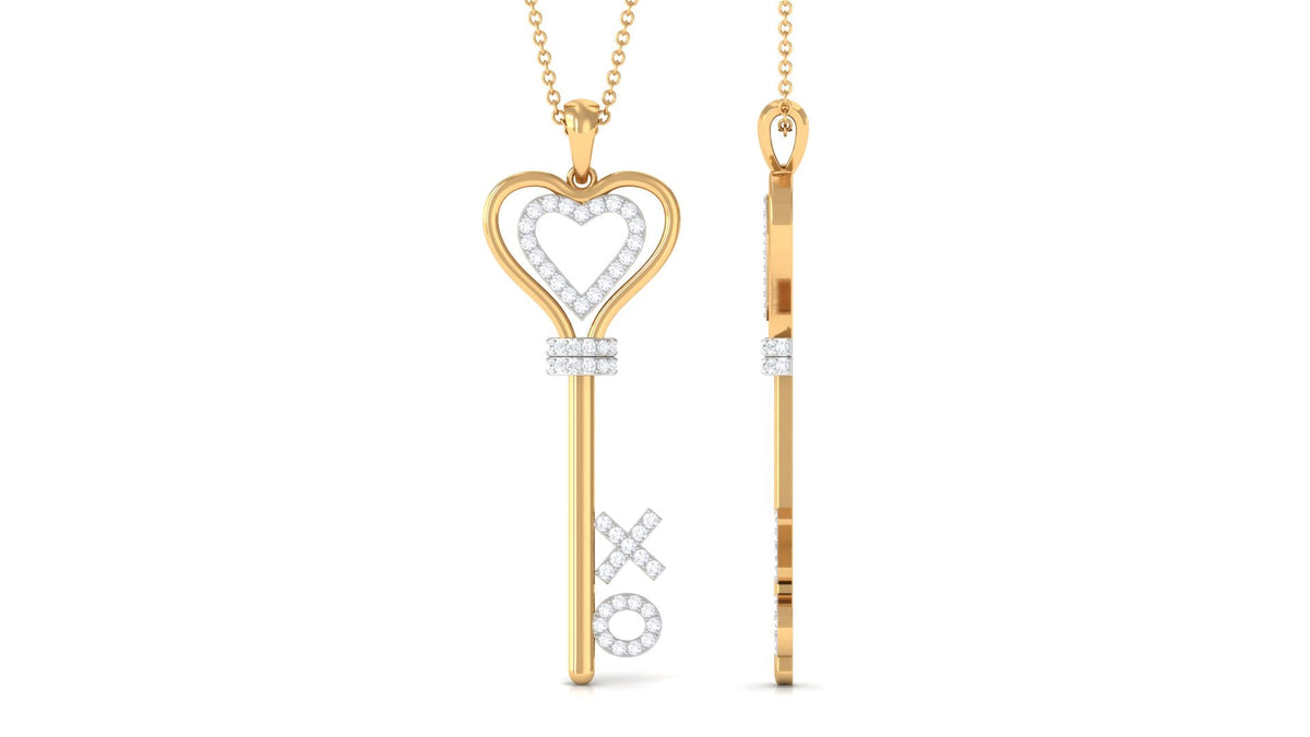 Certified Moissanite Double Heart Key Pendant with XO