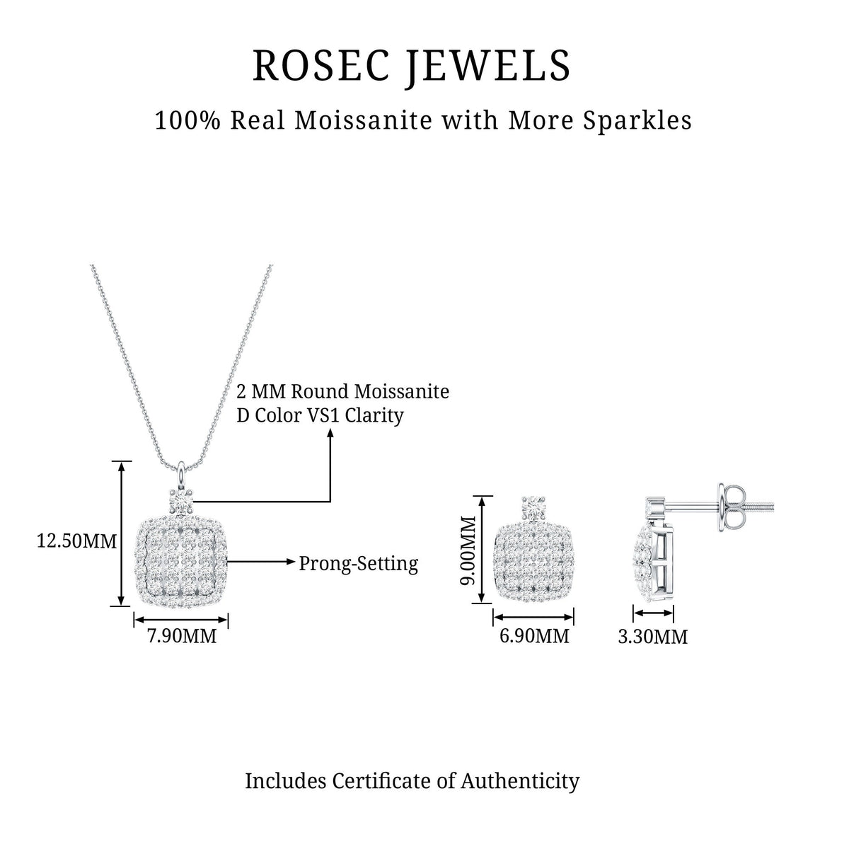 Round Moissanite Matching Necklace and Earrings Set