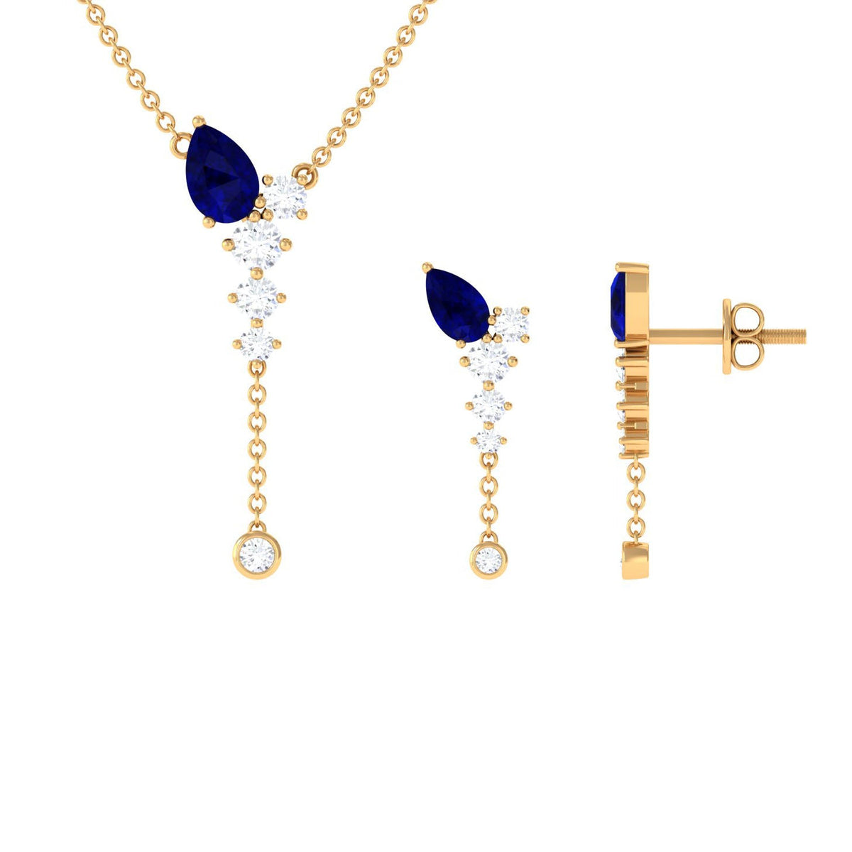 Real Blue Sapphire Diamond Y Necklace and Earrings Set