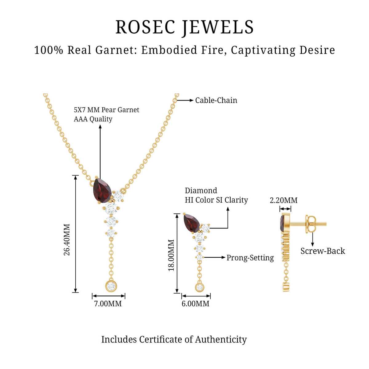 Pear Shape Garnet Dangle Necklace Earrings Set with Diamond