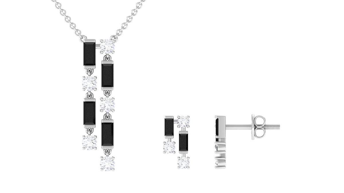 Real Baguette Shape Black Spinel Jewelry Set with Diamond
