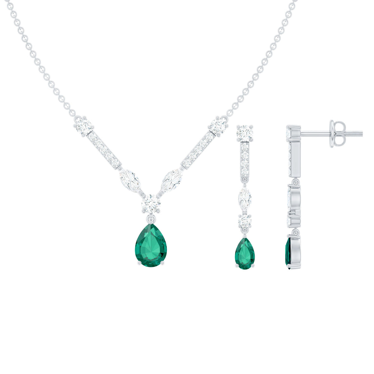 Lab Created Emerald and Moissanite Bridal Necklace Earrings Set