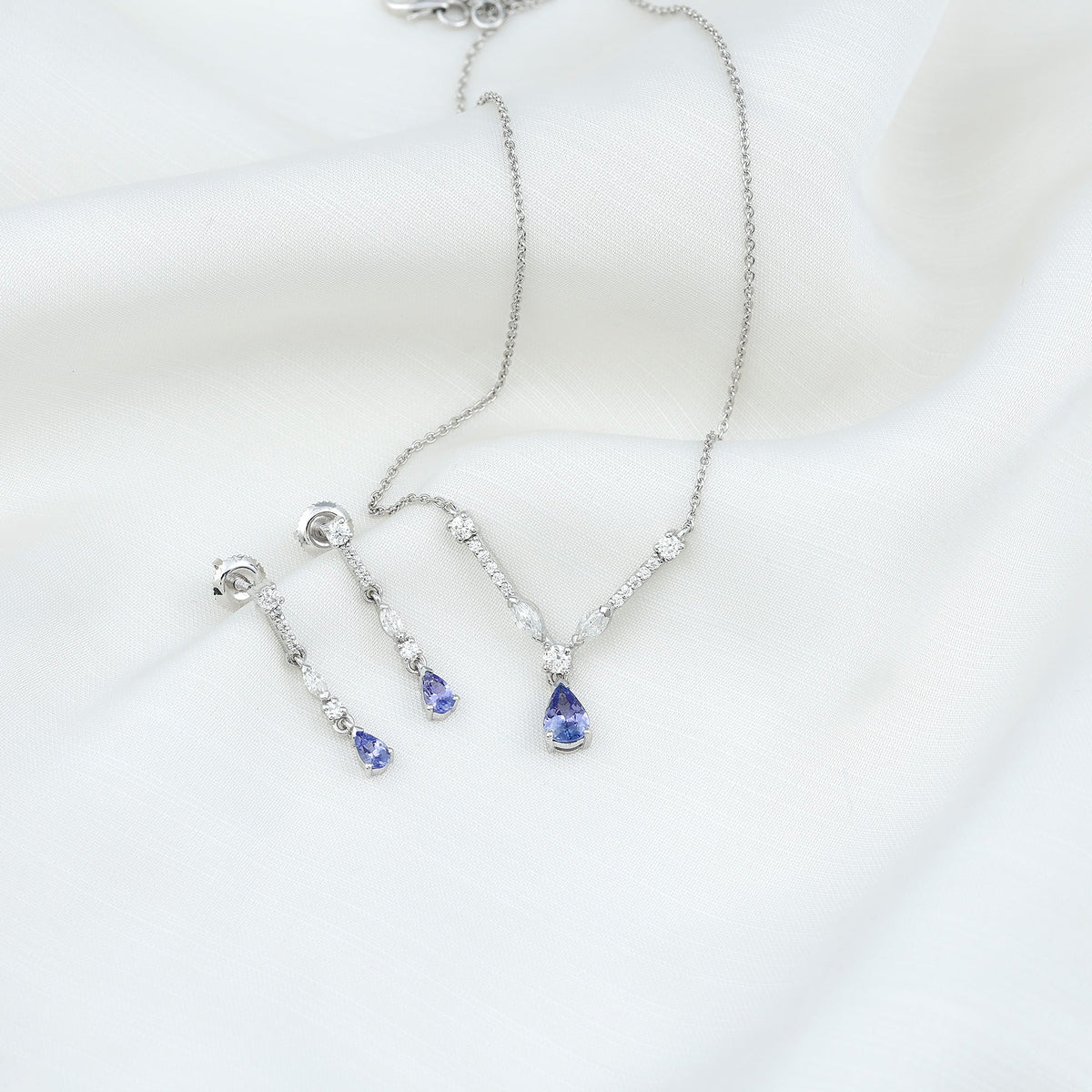 Tanzanite and Moissanite Drop Necklace Earrings Set