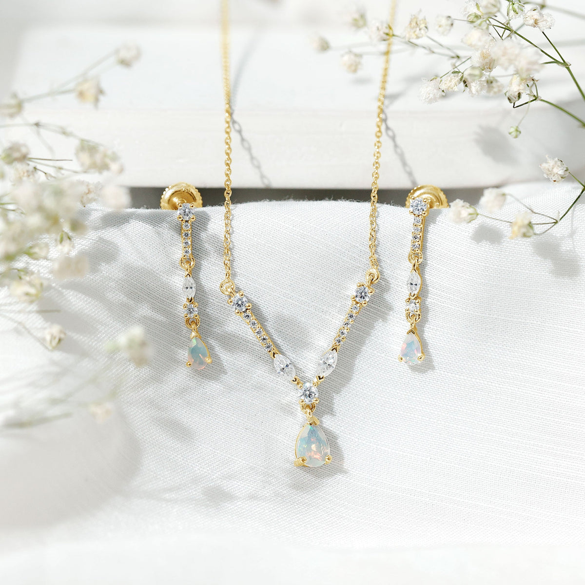 Natural Ethiopian Opal and Moissanite Teardrop Jewelry Set