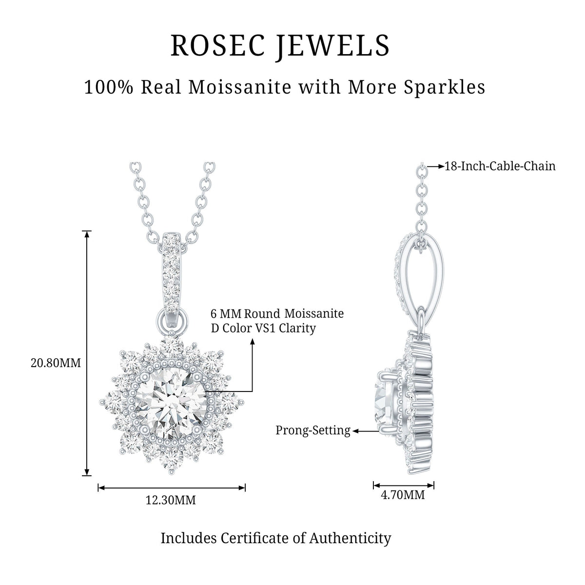 Round Moissanite Halo Necklace with Beaded Detailing