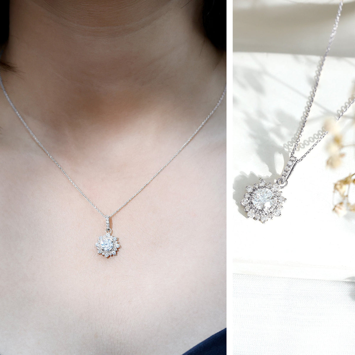 Round Moissanite Halo Necklace with Beaded Detailing