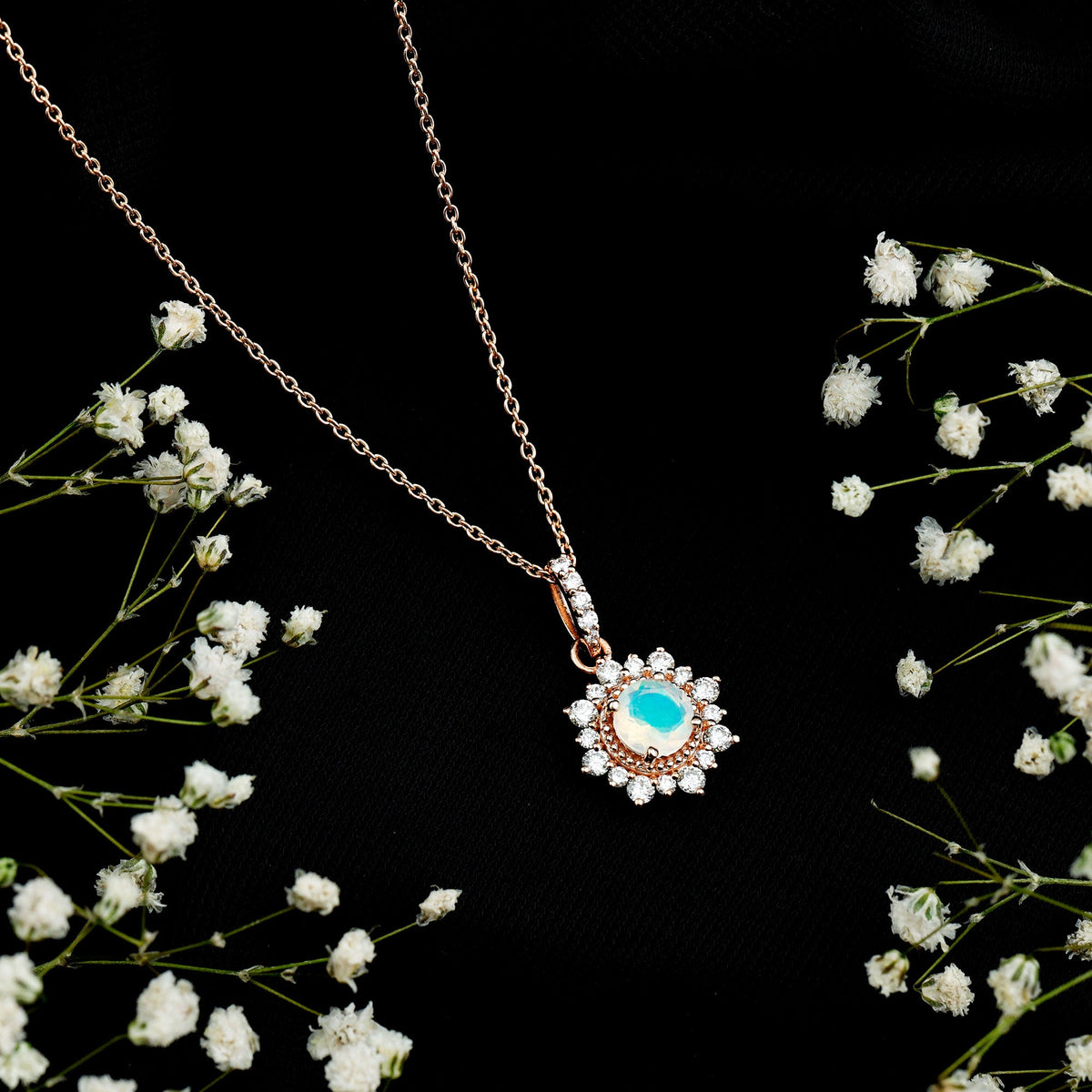 Natural 0.8 Ethiopian Opal Flower Necklace with Diamond Halo