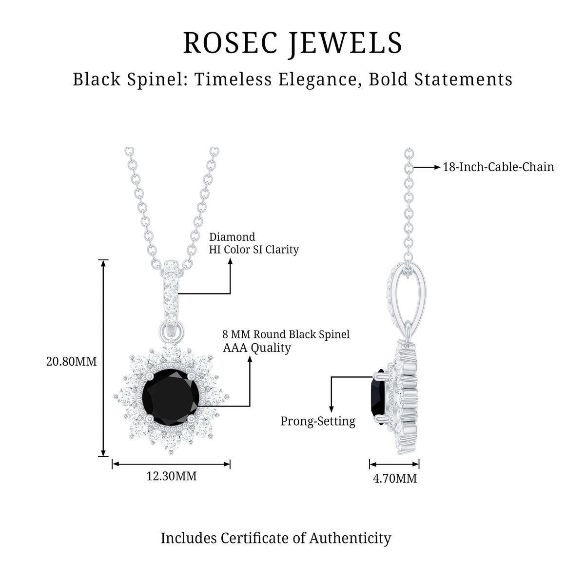 Round Black Spinel Halo Pendant with Diamond Accent Bail