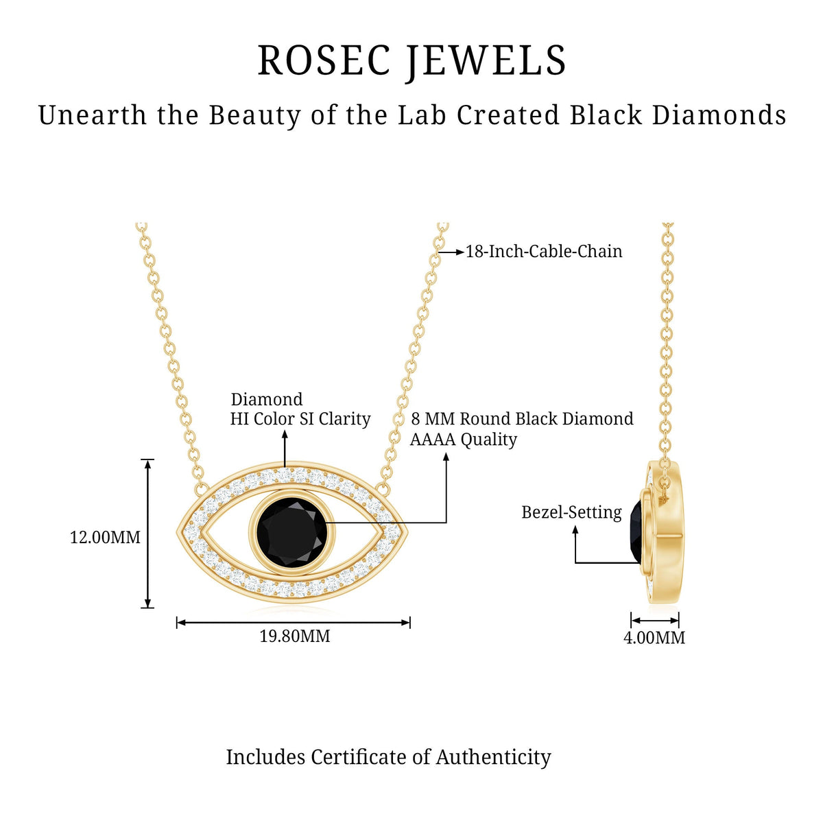 Gothic Lab Created Black Diamond Evil Eye Necklace With Diamond