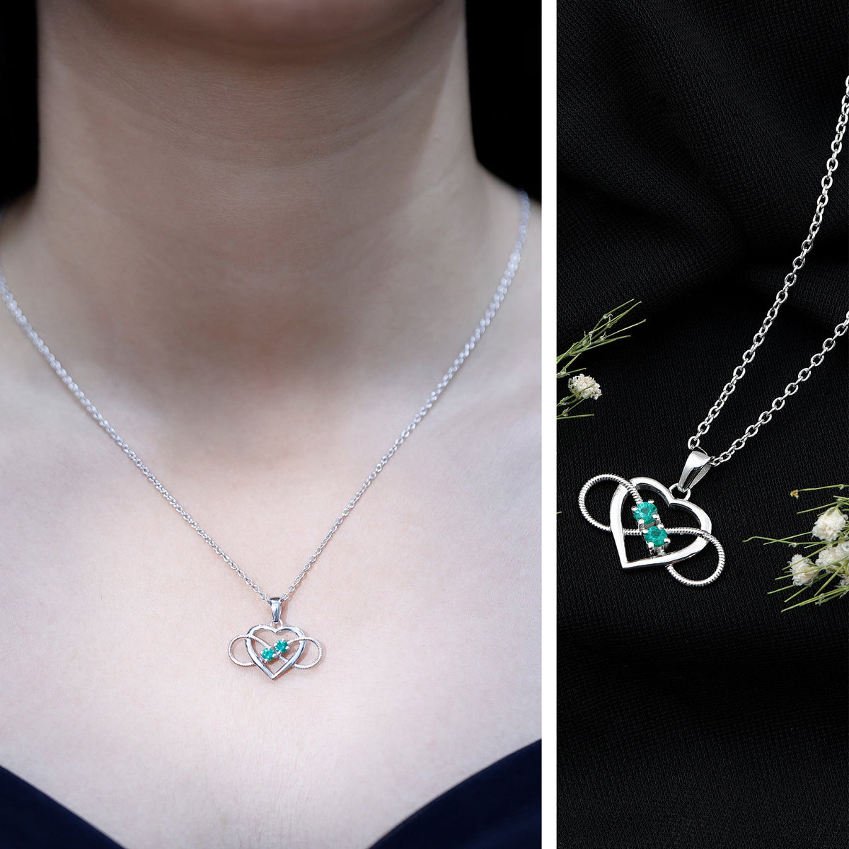 Heart Infinity Necklace with Real Emerald