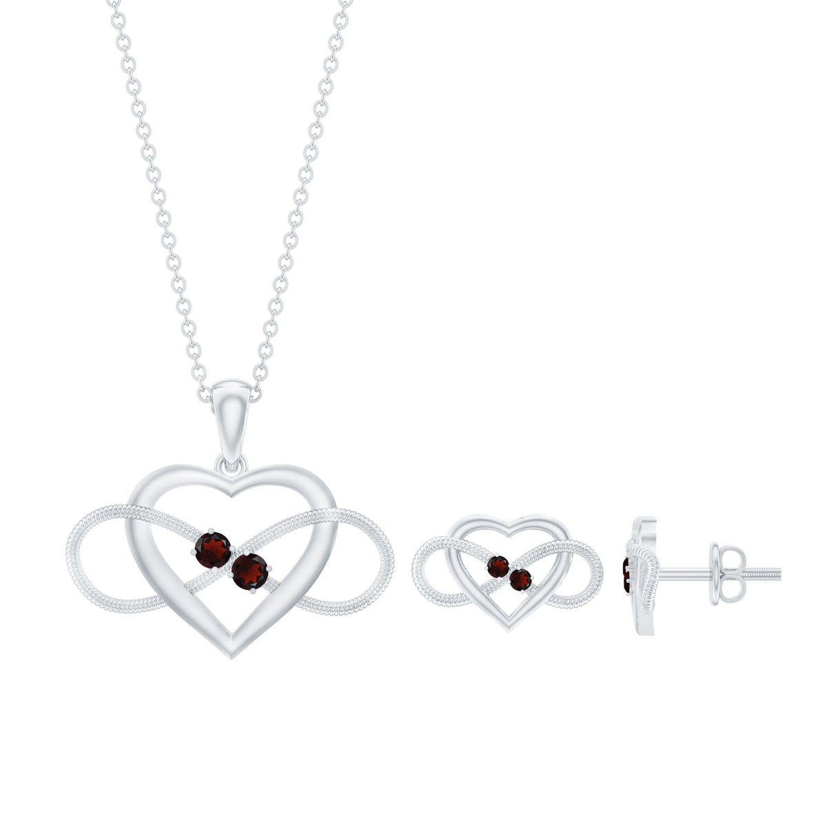 Natural Garnet Heart Infinity Necklace and Earrings Set
