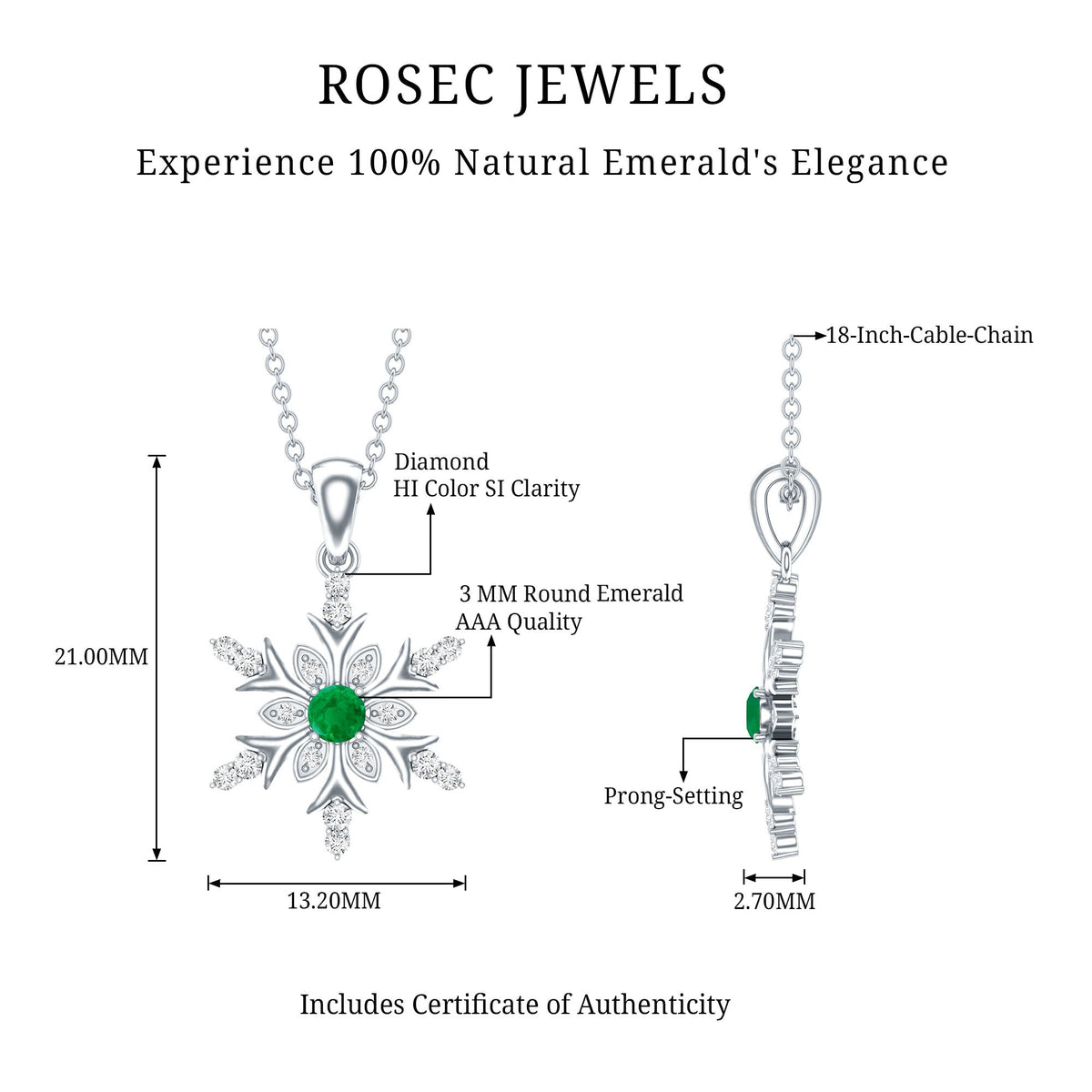 Emerald Snowflake Pendant Necklace with Diamond