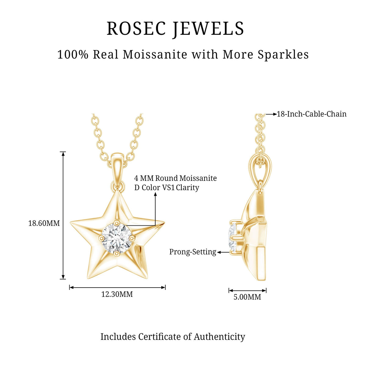 Certified Moissanite Star Pendant Necklace with Chain