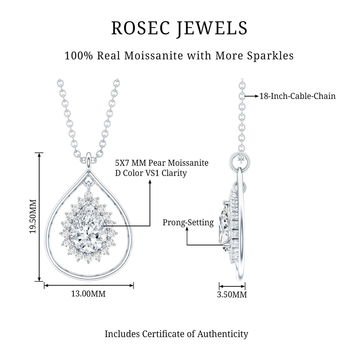 Certified 0.7 Carat Moissanite Teardrop Pendant Necklace