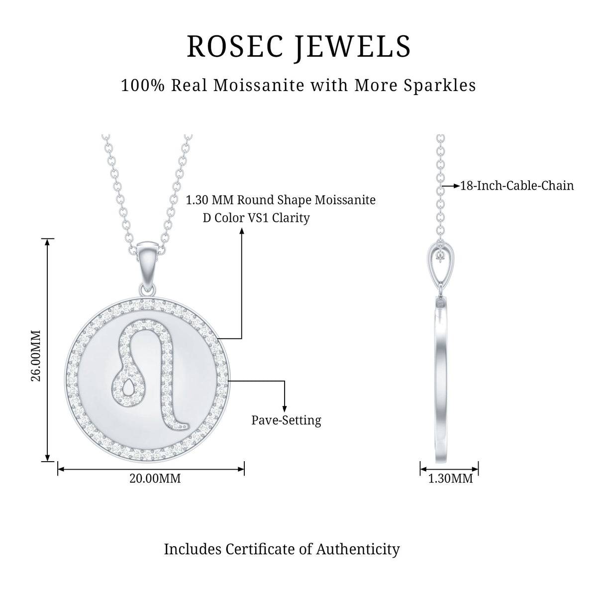Certified Moissanite Zodiac Leo Pendant with Disc