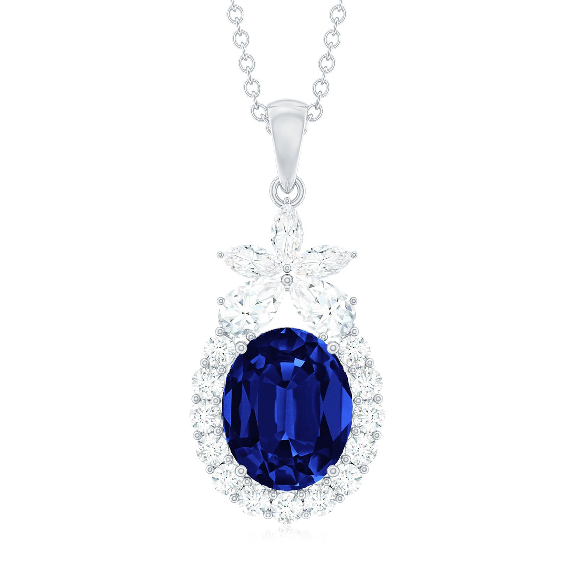 4 Carat Oval Shape Lab Created Blue Sapphire Statement Necklace with Moissanite
