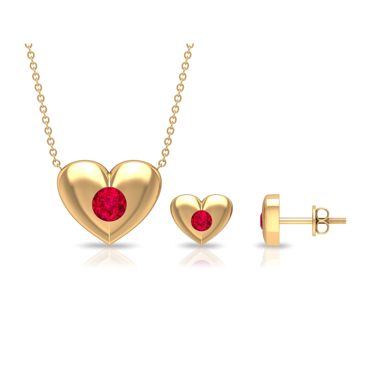 Real Ruby Heart Necklace and Stud Earring Set