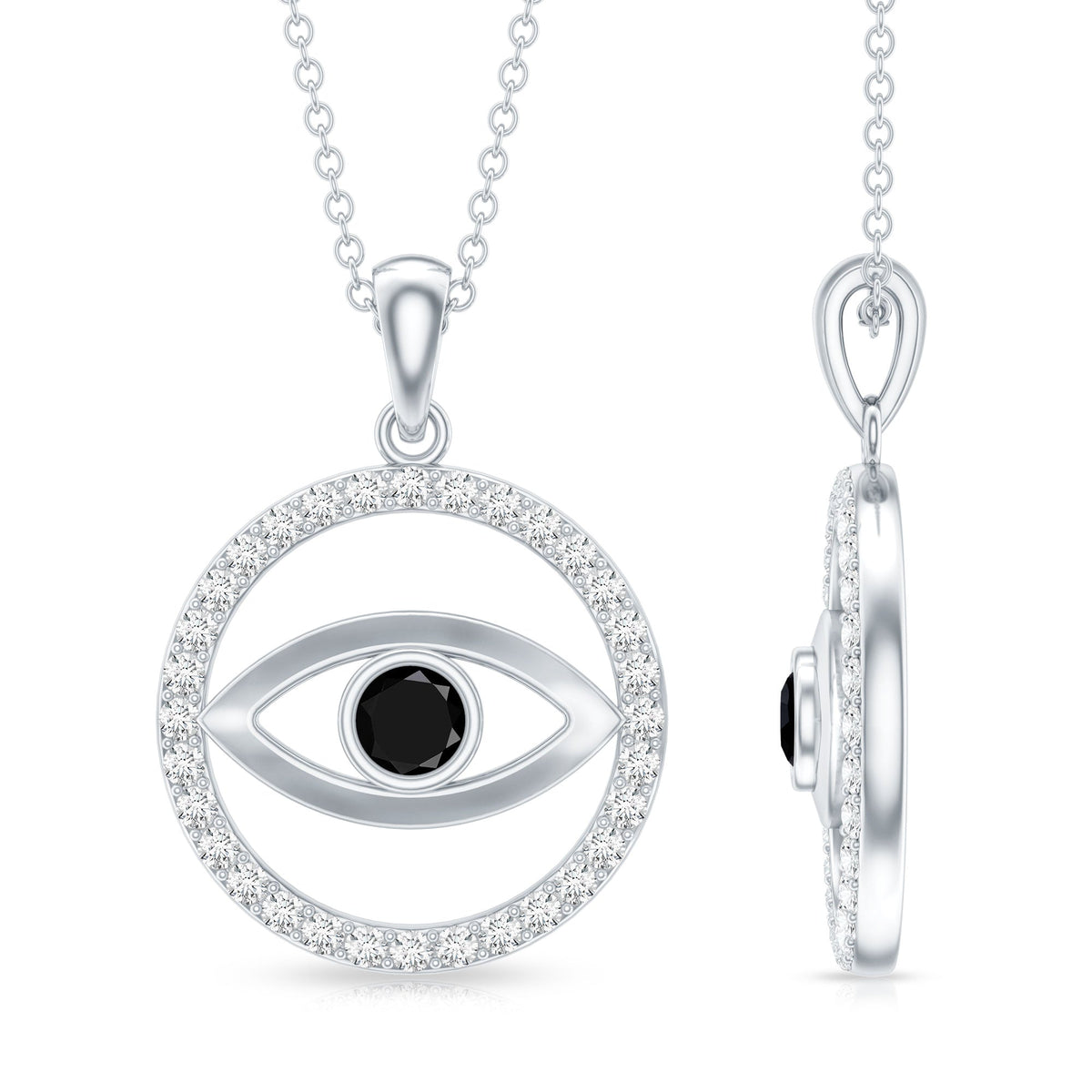 Lab Created Black Diamond Evil Eye Necklace with Moissanite
