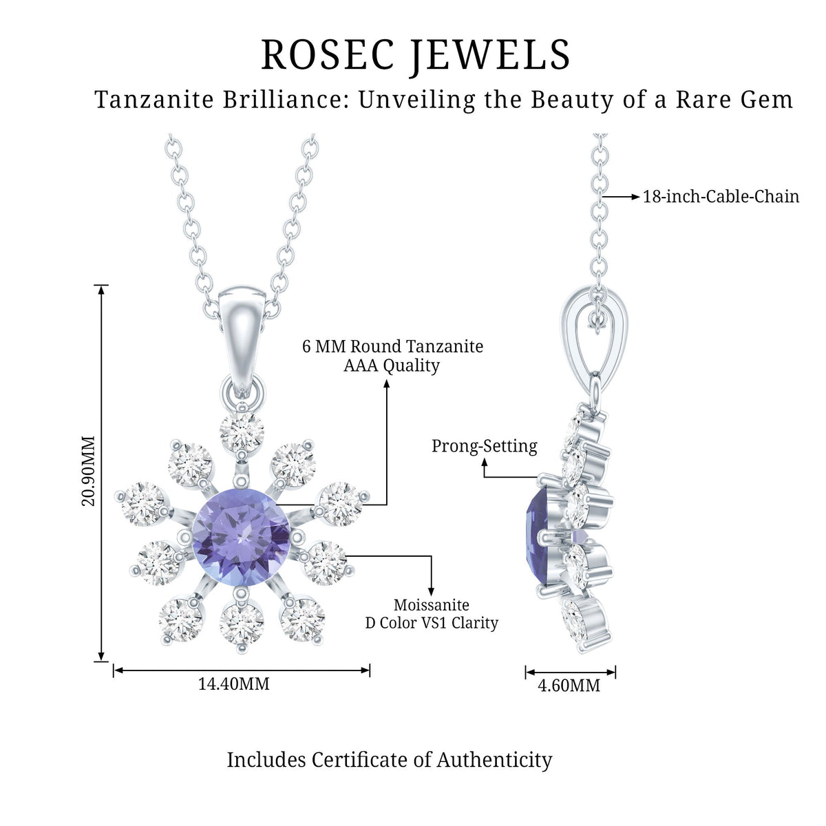 Certified Genuine Tanzanite Snowflake Necklace with Silver Chain