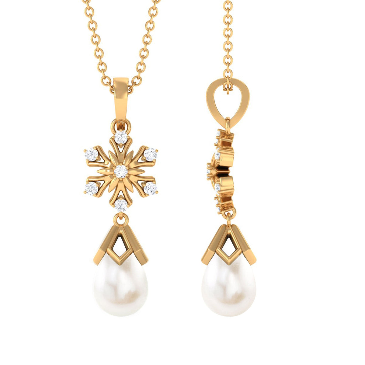 Diamond Snowflake Freshwater Pearl Dangle Drop Pendant
