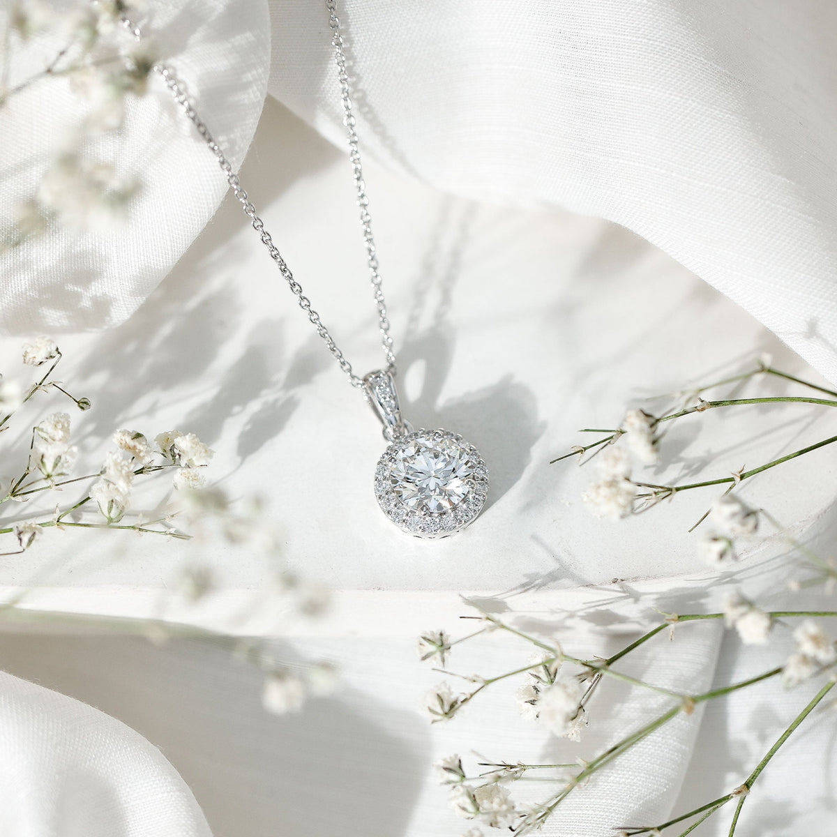 Round Moissanite Classic Halo Pendant Necklace